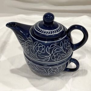 Jaipur Blue Vintage Pottery Flowers Desert Sands Teapot w Stackable Cup | EUC
